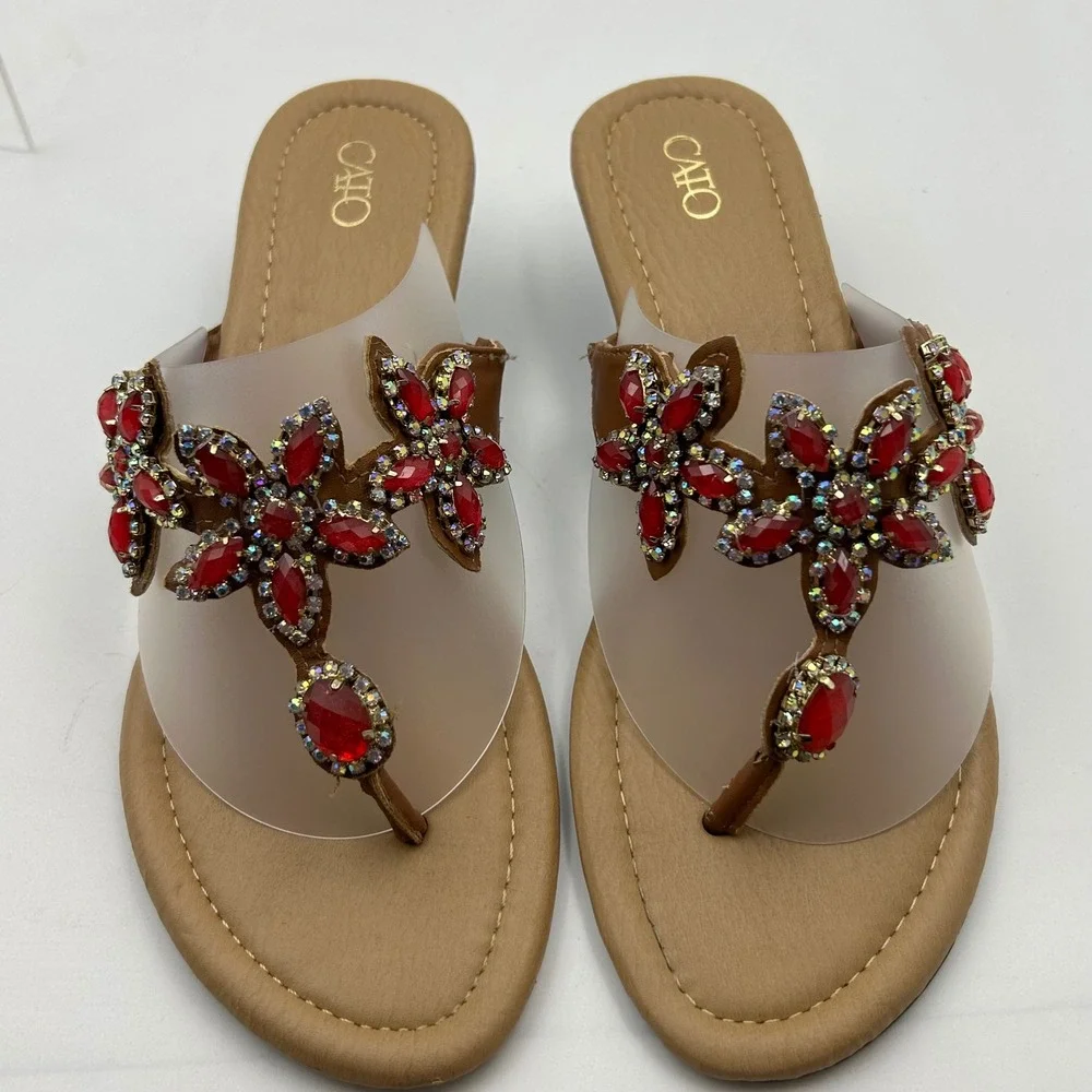 Cato Wedge Sandals Womens 8 Tan Red Jeweled Floral‎ Thong Boho Glam 36571875